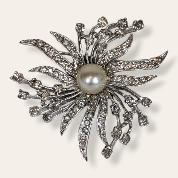 V. White Rhinestone & Faux Pearl Floral Demi Parure - Picture 7 of 10